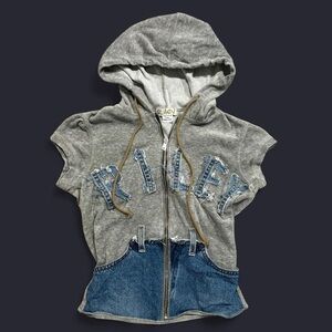 Y2K vintage Riley velour short sleeve hoodie with denim accents